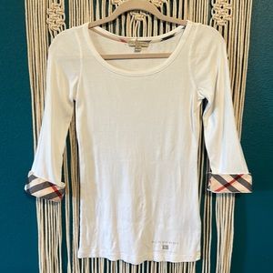 Burberry Brit | White Plaid Cuff Sleeve Fitted Scoop Neck Top